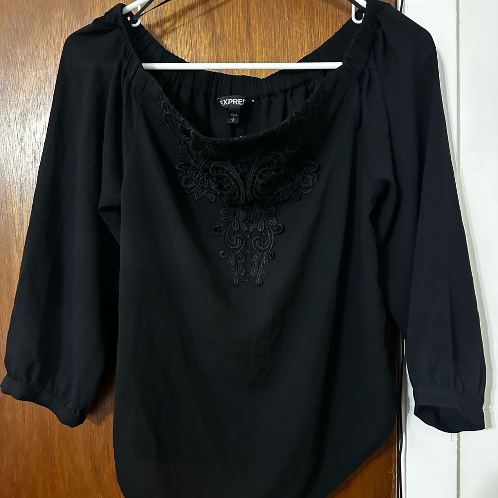 Express Women's Black Blouse with Embroidered Detail